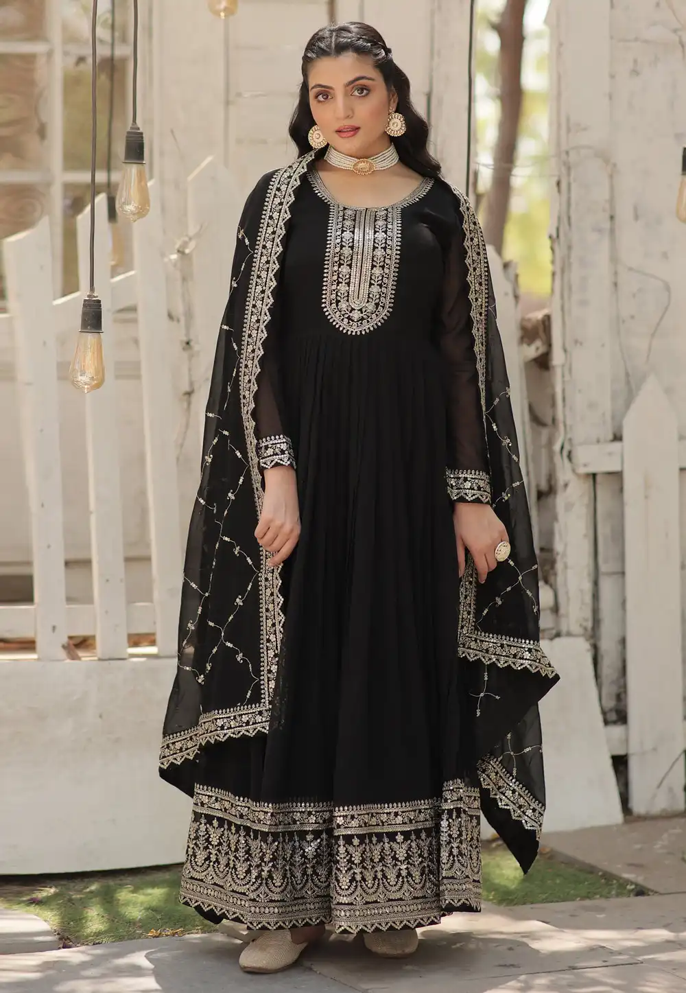 Black Faux Georgette Readymade Long Anarkali Suit 288646