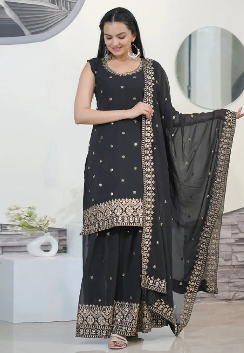 Black Faux Georgette Readymade Pakistani Suit 301681