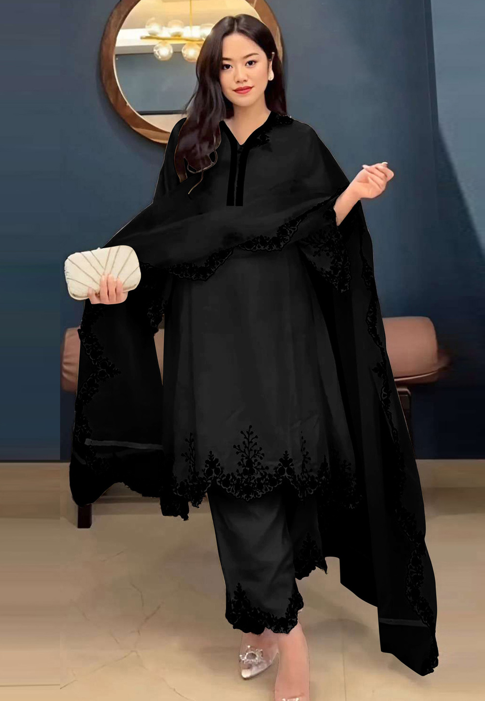 Black Faux Georgette Readymade Pakistani Suit 309308
