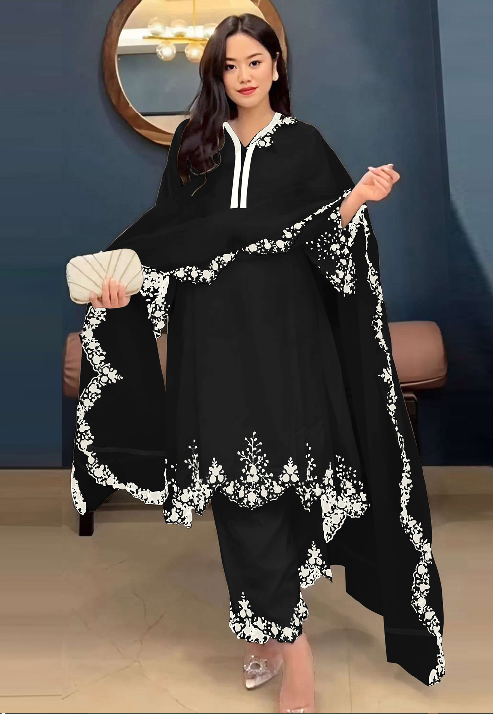 Black Faux Georgette Readymade Pakistani Suit 309316