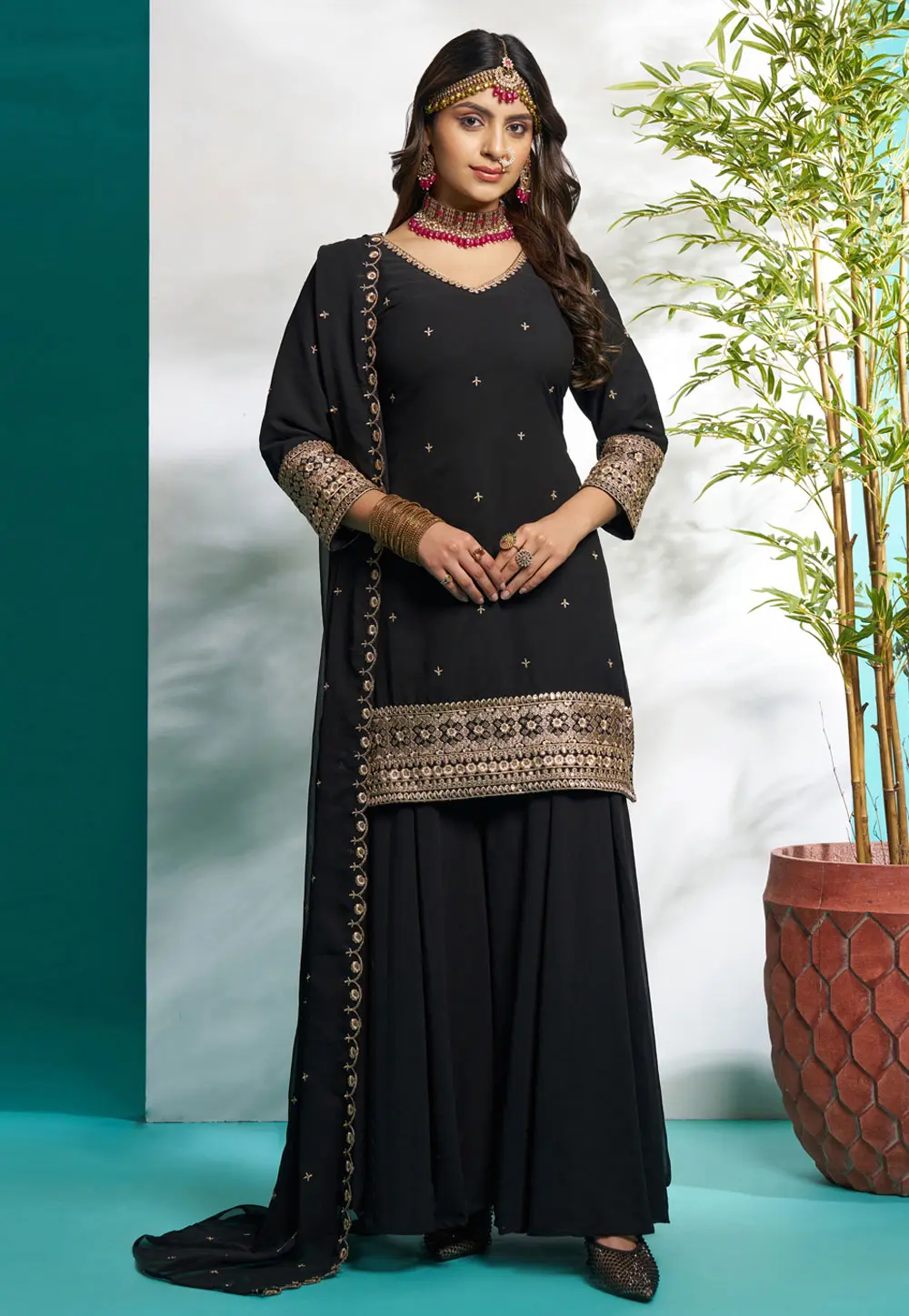 Black Faux Georgette Readymade Pakistani Suit 304766