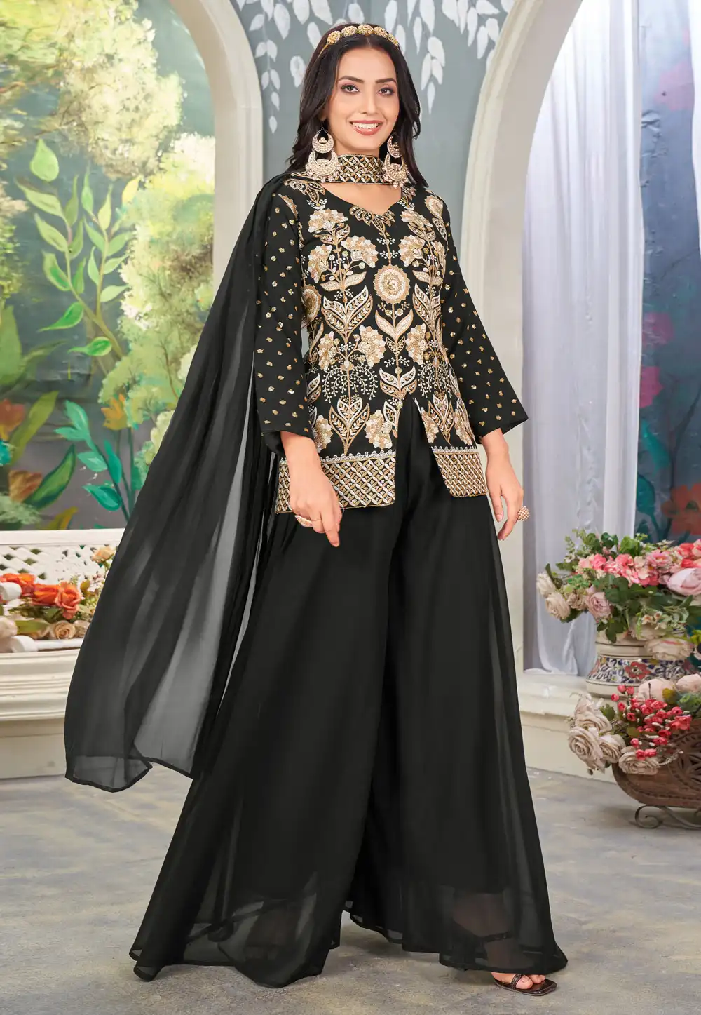 Black Faux Georgette Readymade Palazzo Suit 293554