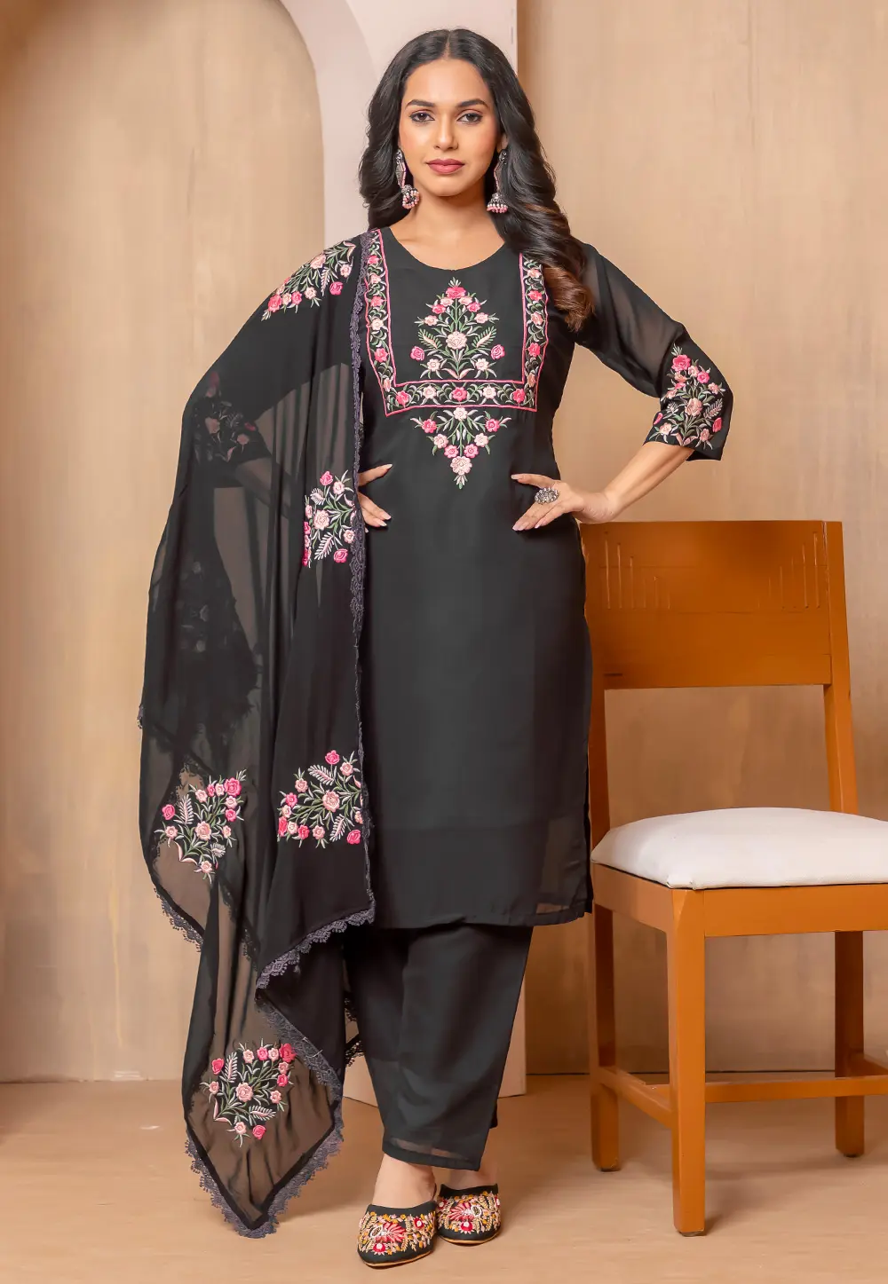 Black Faux Georgette Readymade Pant Style Suit 302293