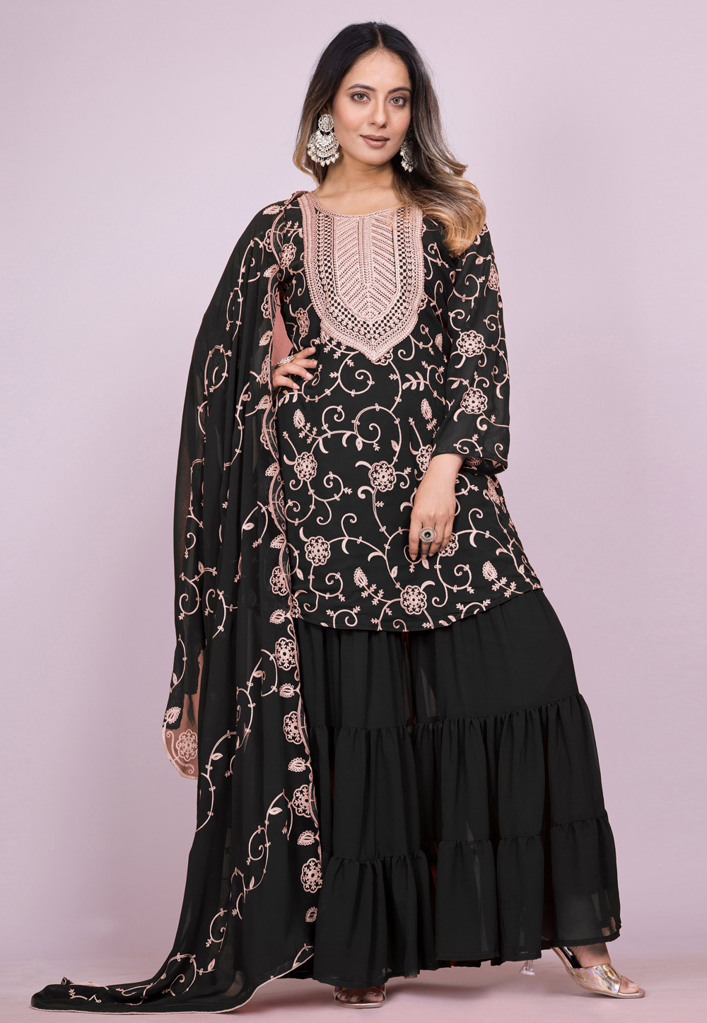 Black Faux Georgette Readymade Sharara Suit 310896