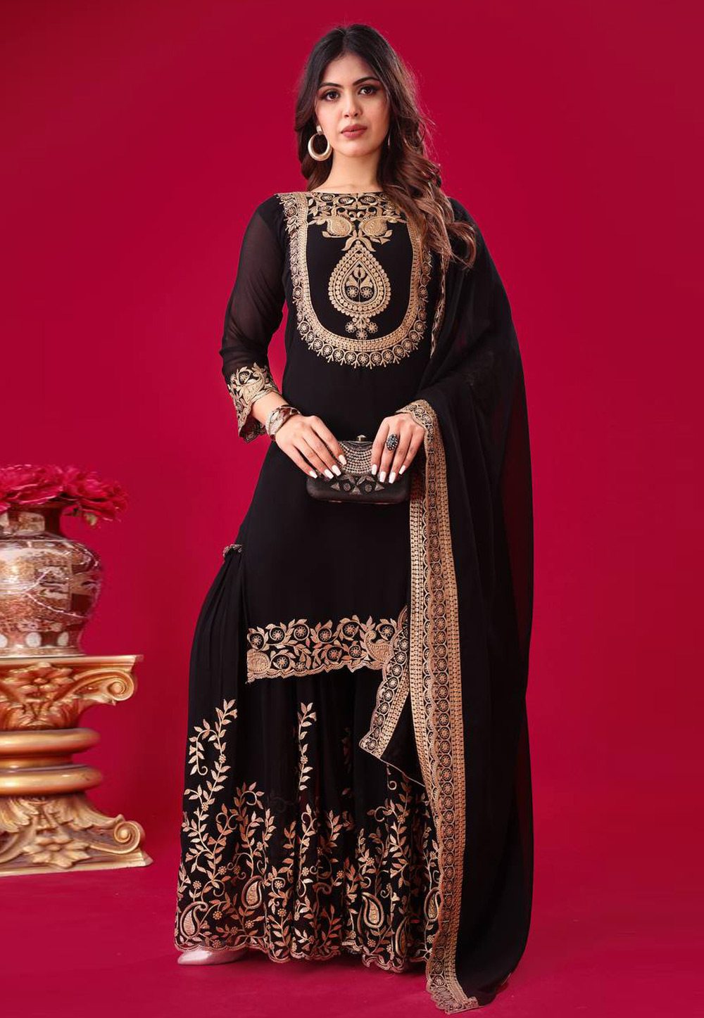 Black Faux Georgette Readymade Sharara Suit 306211