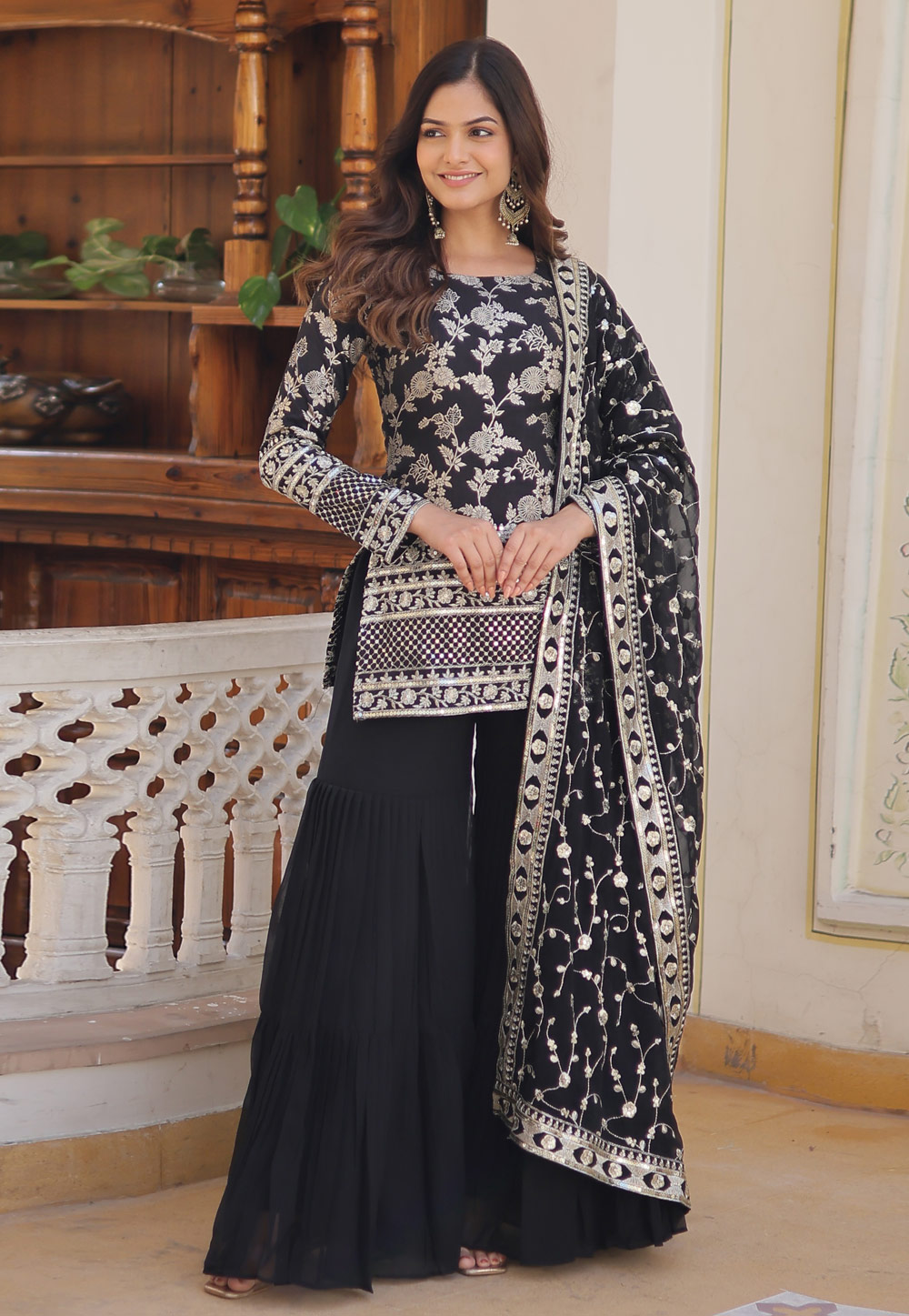 Black Faux Georgette Readymade Sharara Suit 282496