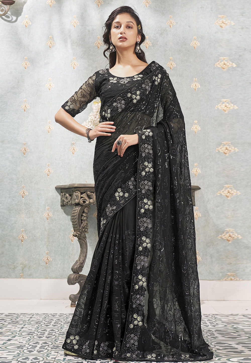 Black Faux Georgette Saree With Blouse 279843