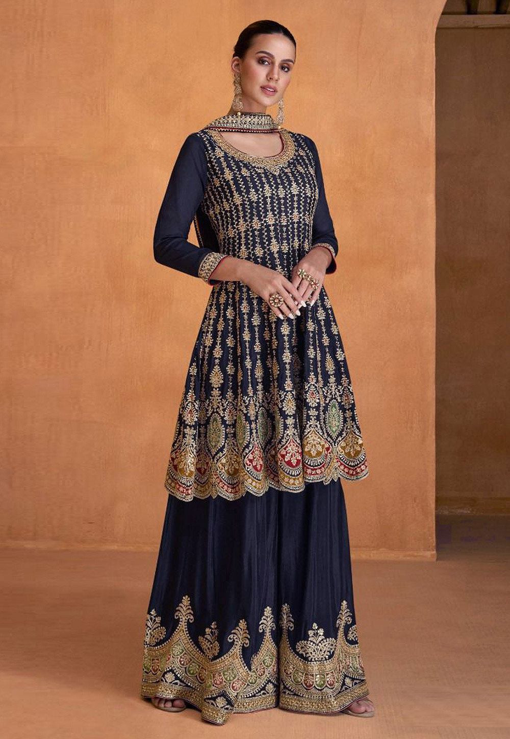 Navy Blue Faux Georgette Sharara Suit 280023