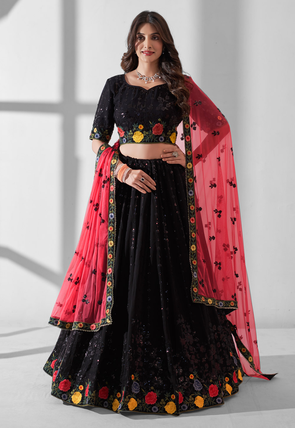 Black Georgette Circular Lehenga Choli 286001