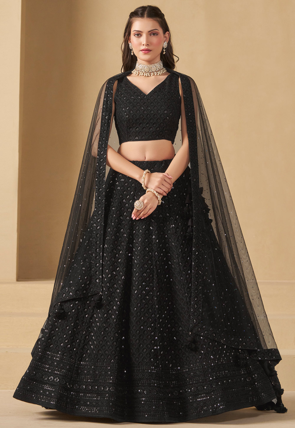 Black Georgette Circular Lehenga Choli 310359
