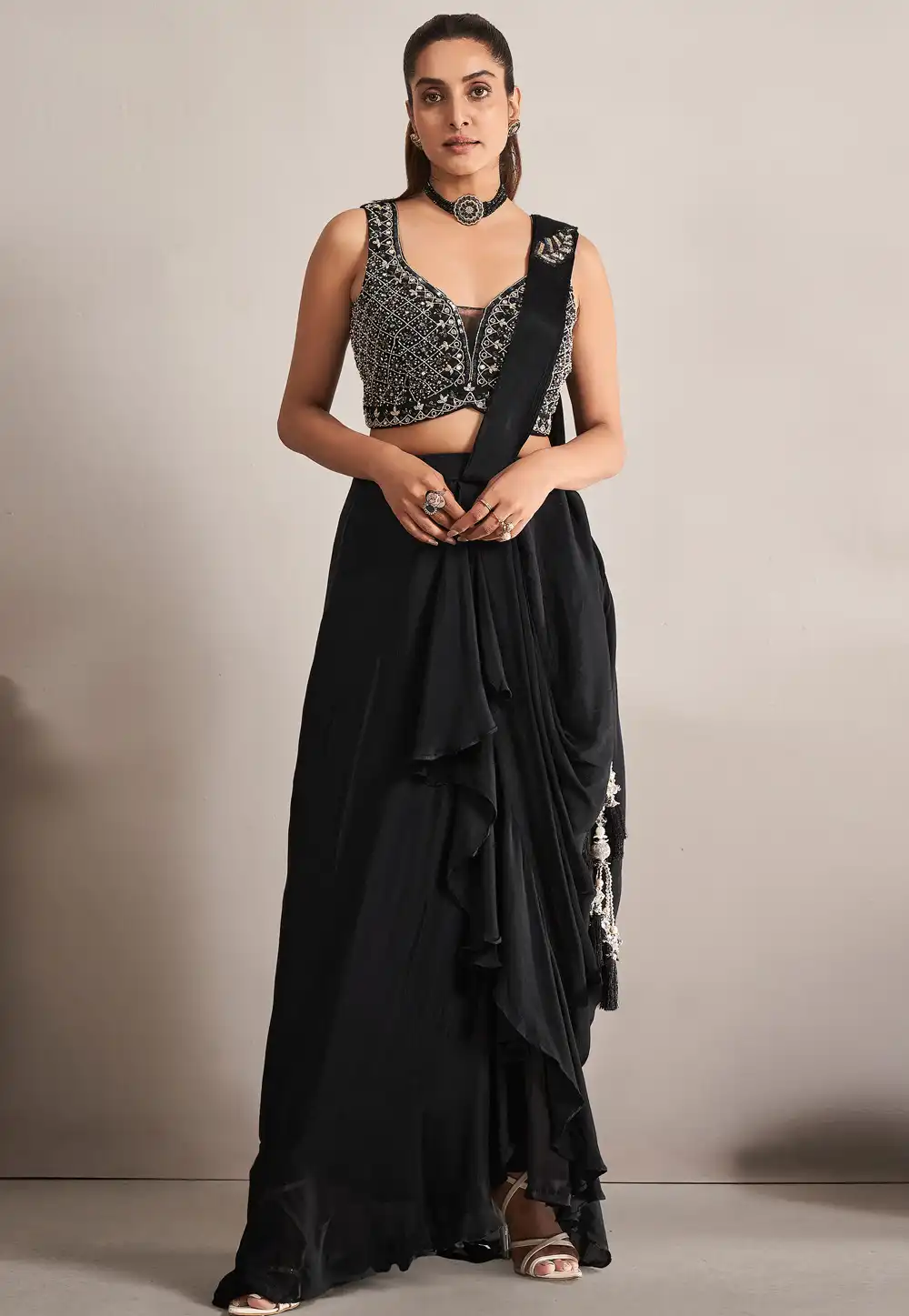 Black Georgette Designer Lehenga Saree 292789