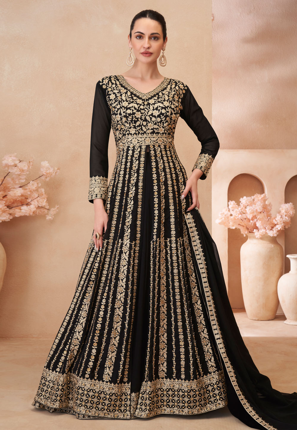 Black Georgette Embroidered Center Slit Anarkali Suit 305318