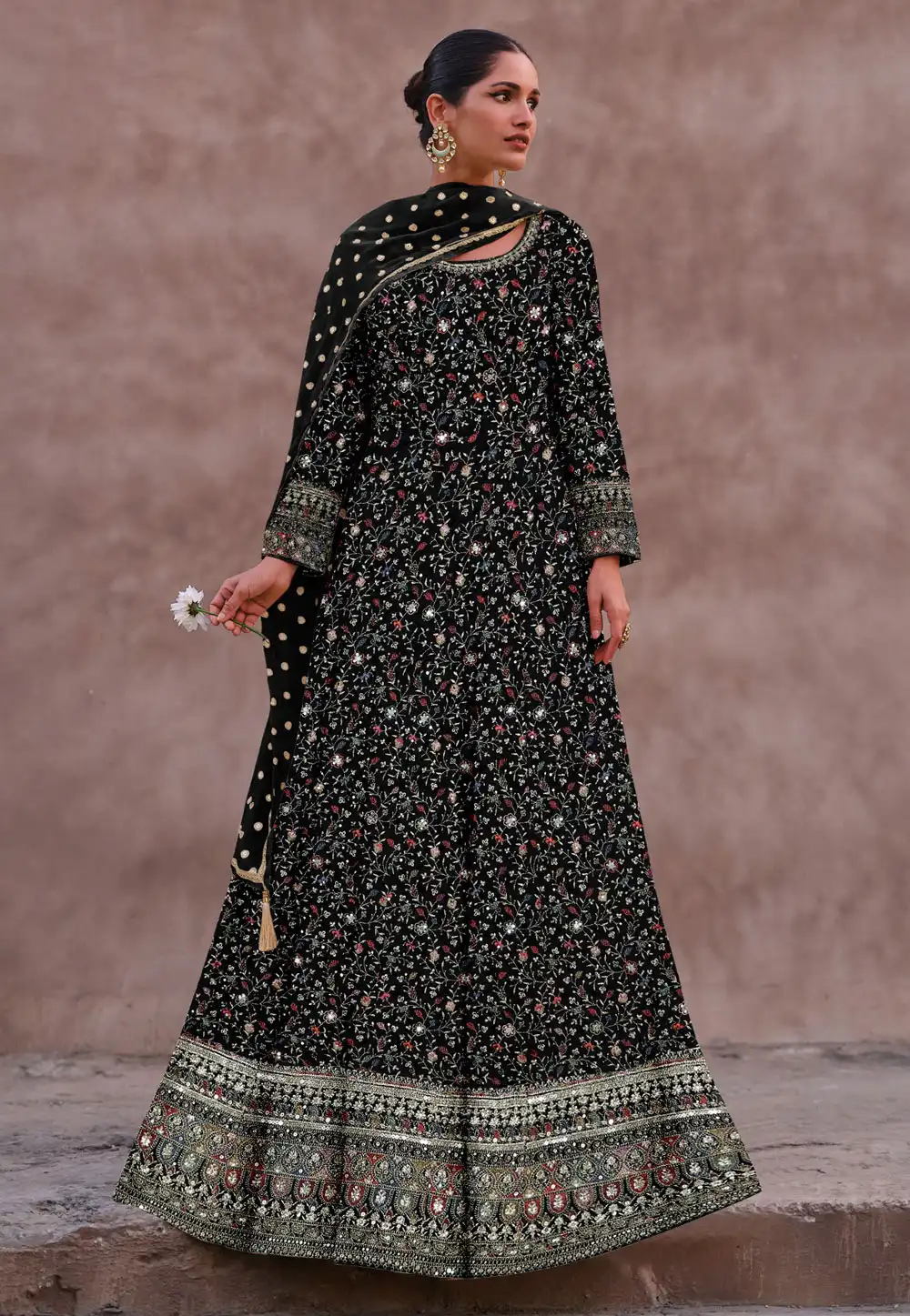 Black Georgette Embroidered Floor Length Anarkali Suit 291699