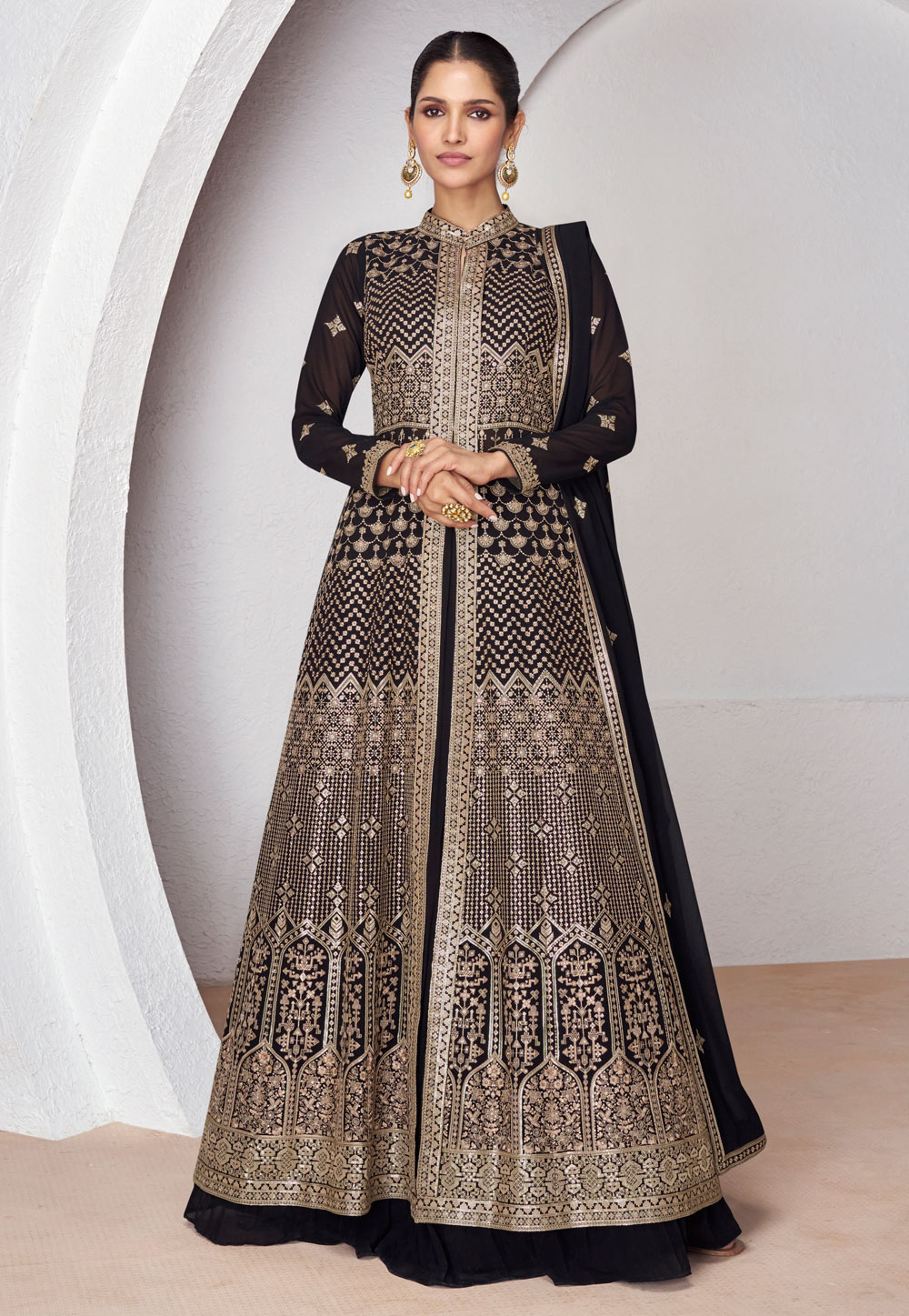 Black Georgette Embroidered Long Choli Lehenga 286698