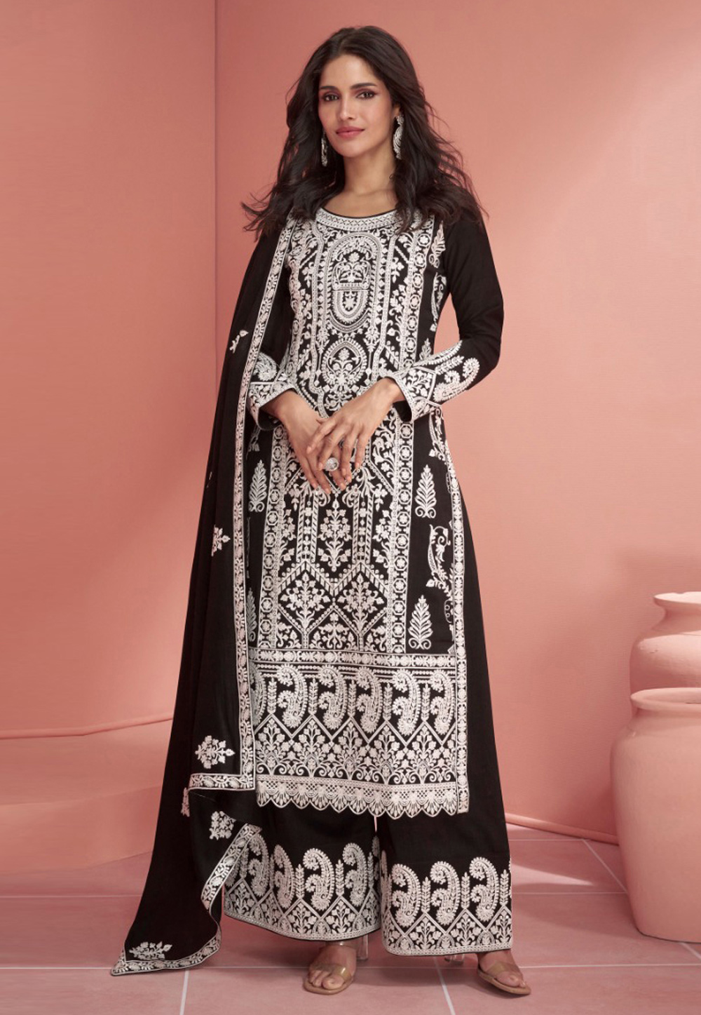 Black Georgette Embroidered Palazzo Suit 286537
