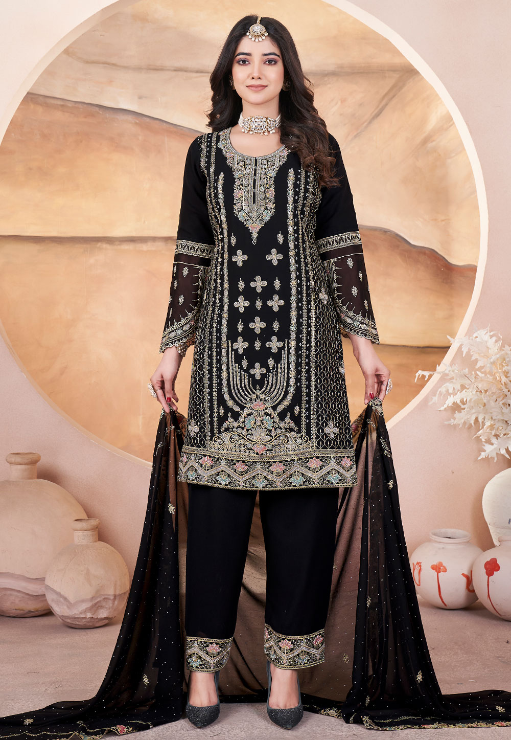 Black Georgette Embroidered Readymade Pakistani Suit 305324