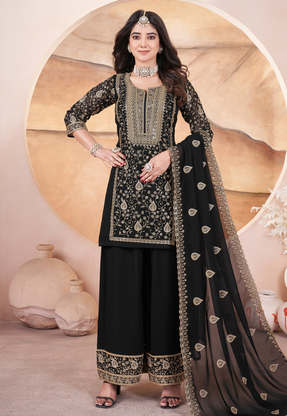 Black Georgette Embroidered Readymade Palazzo Suit 305321