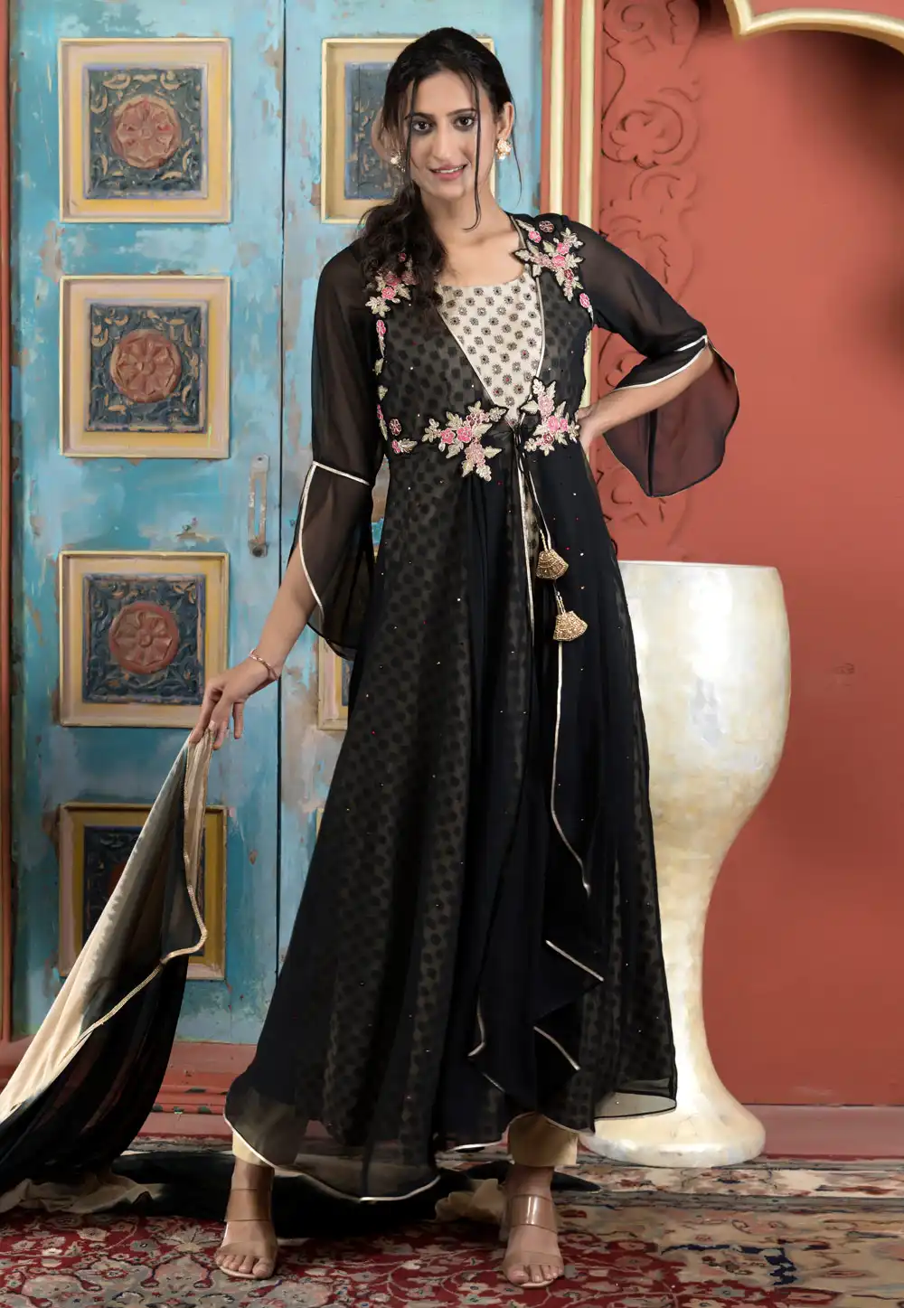 Black Georgette Jacket Style Suit 290504