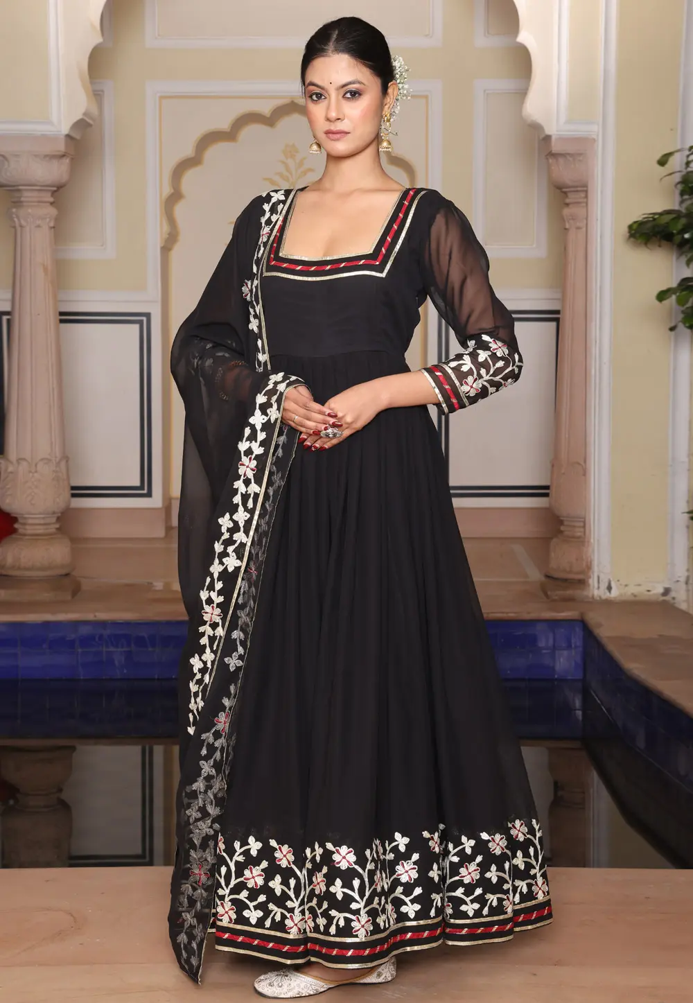 Black Georgette Long Anarkali Suit 304013