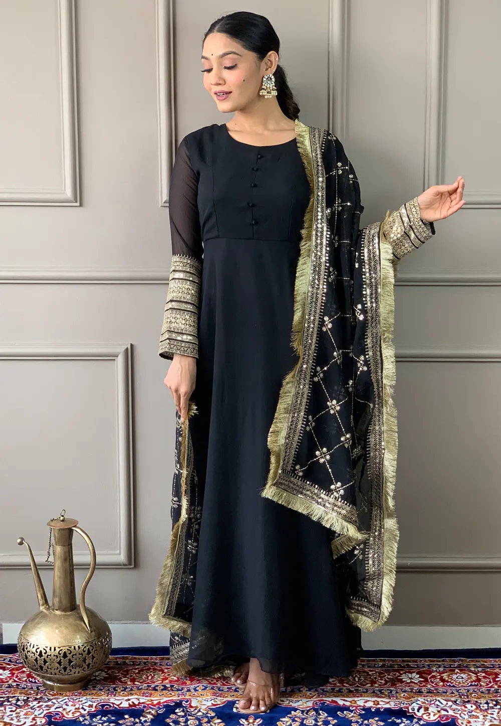 Black Georgette Readymade Anarkali Suit 300098