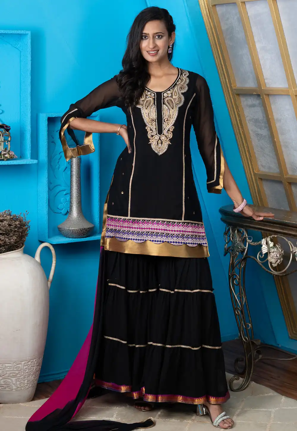 Black Georgette Readymade Gharara Suit 293107