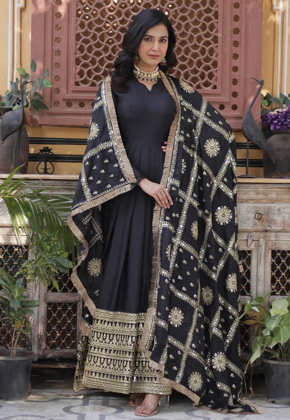 Black Georgette Readymade Long Anarkali Suit 303366