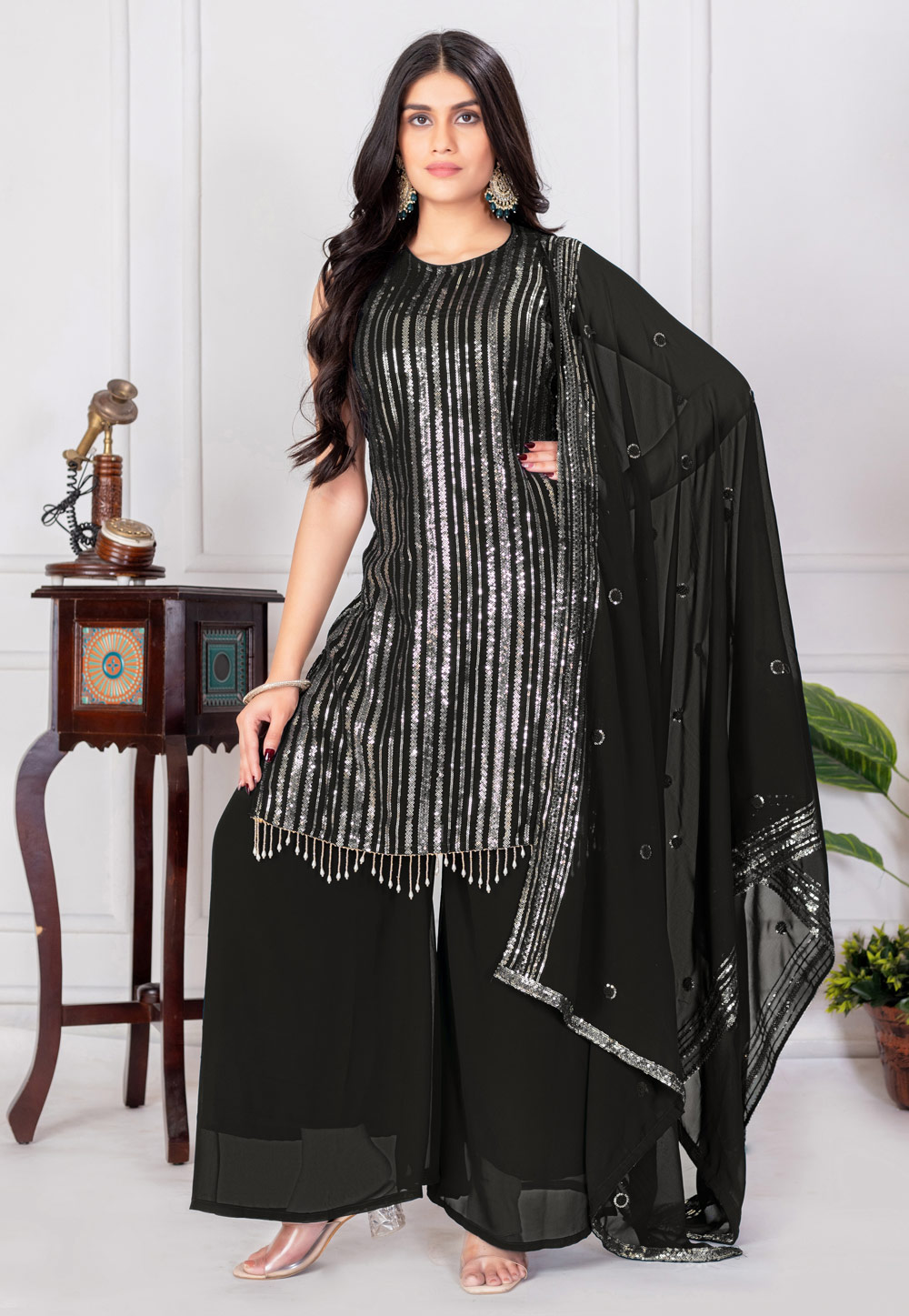 Black Georgette Readymade Palazzo Suit 310217