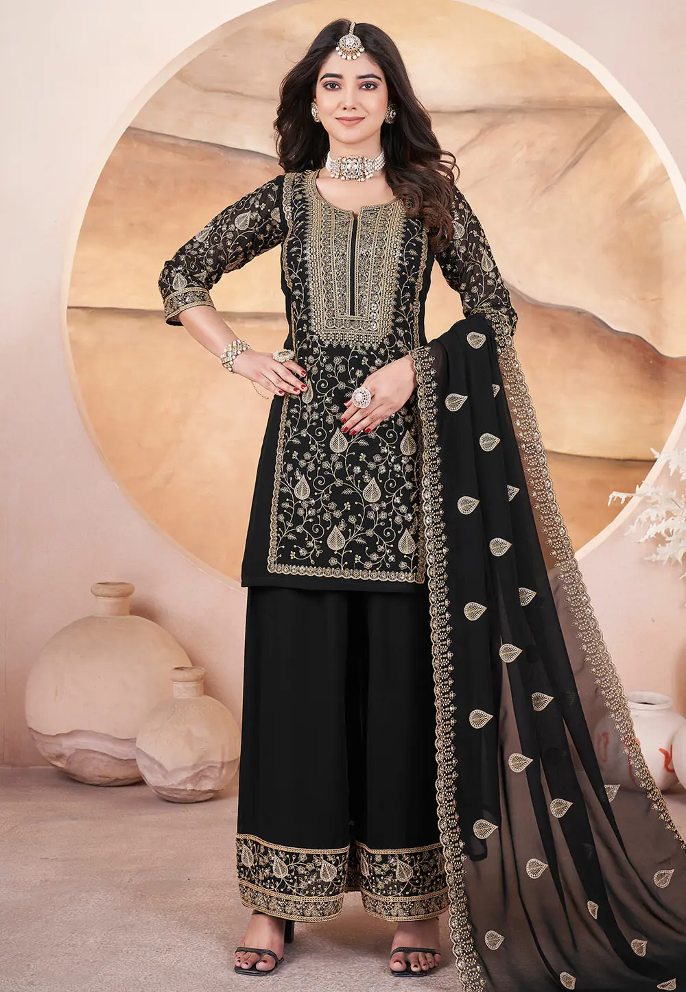 Black Georgette Readymade Palazzo Suit 304800