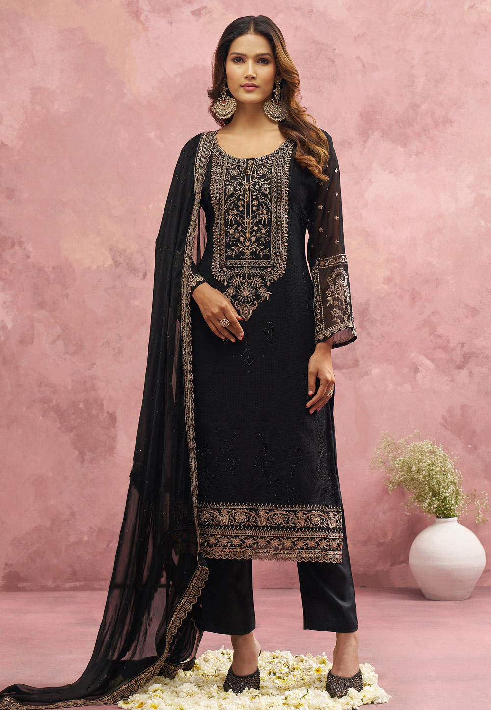 Black Georgette Readymade Pant Style Suit 310517
