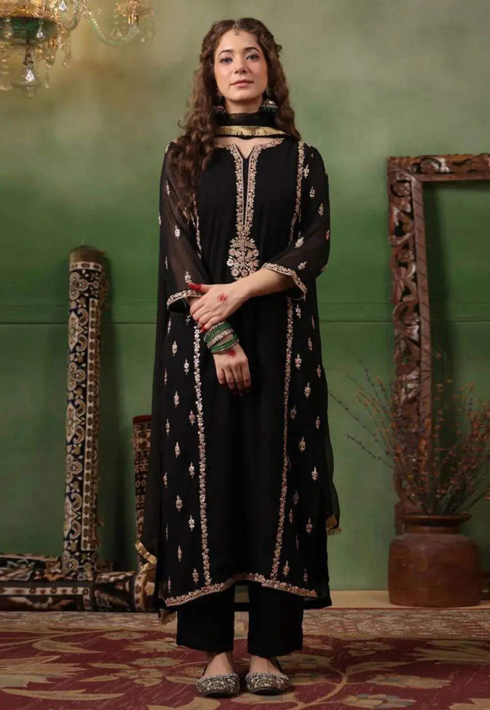 Black Georgette Readymade Pant Style Suit 303233