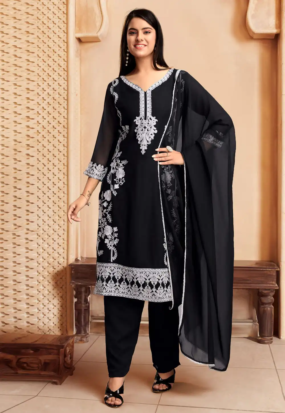 Black Georgette Readymade Pant Style Suit 291636