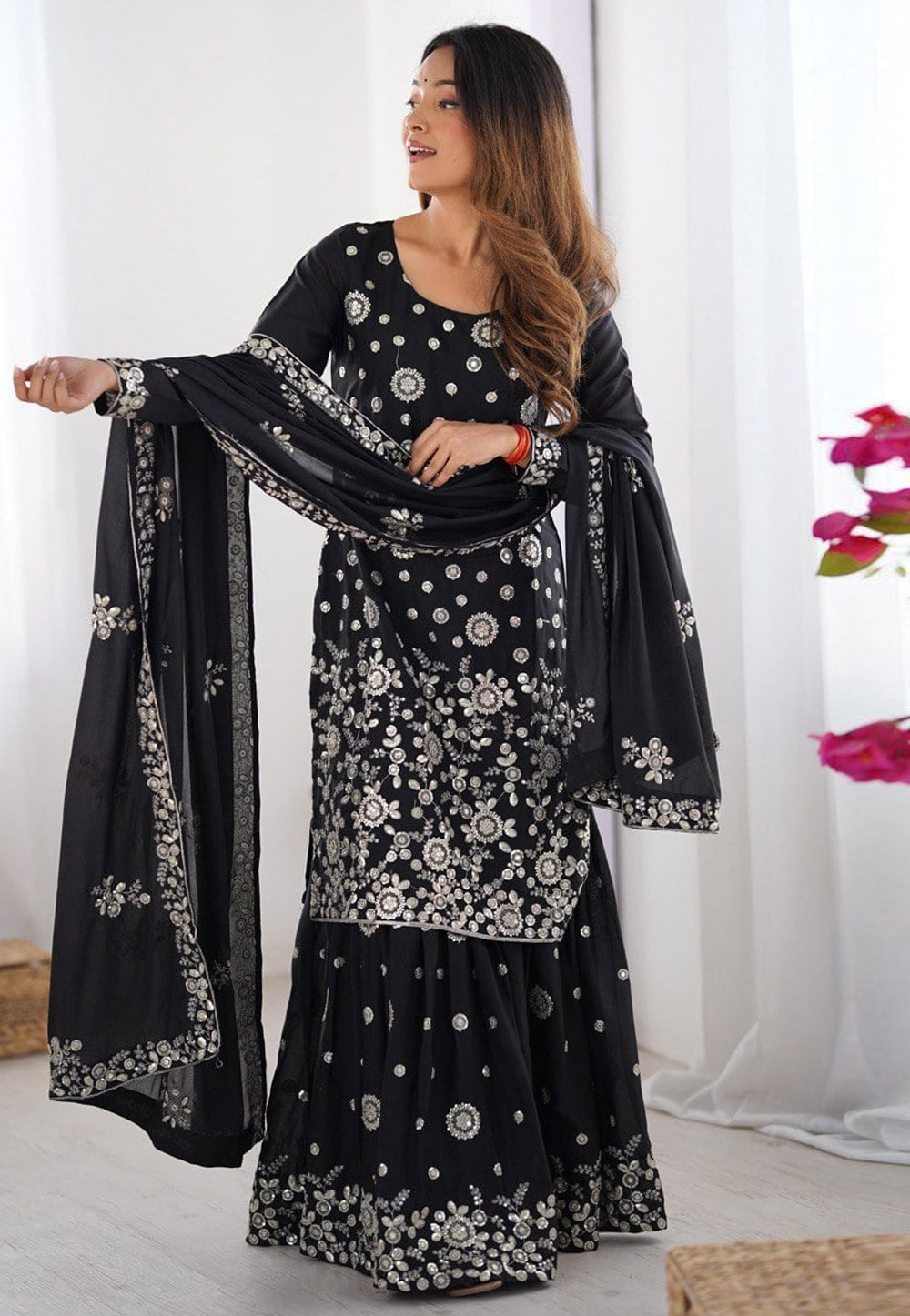 Black Georgette Readymade Sharara Suit 310981