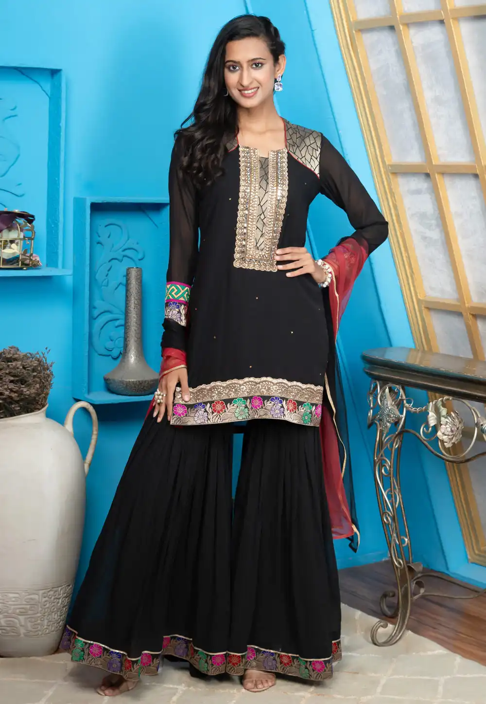 Black Georgette Readymade Sharara Suit 293108