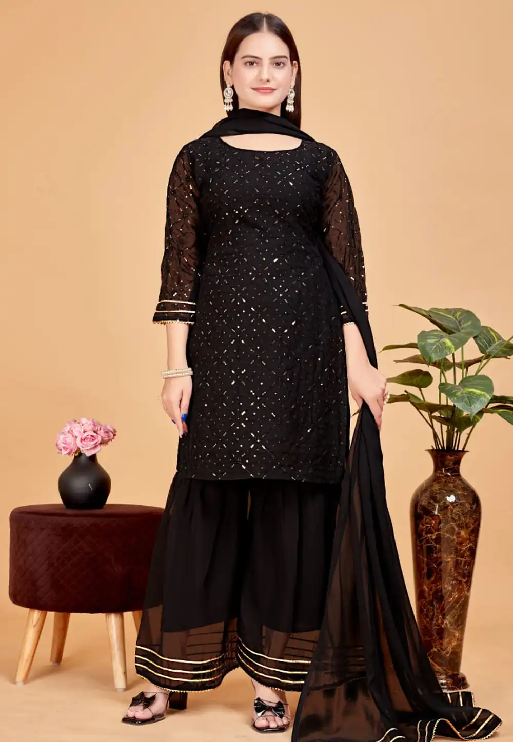 Black Georgette Readymade Sharara Suit 290442