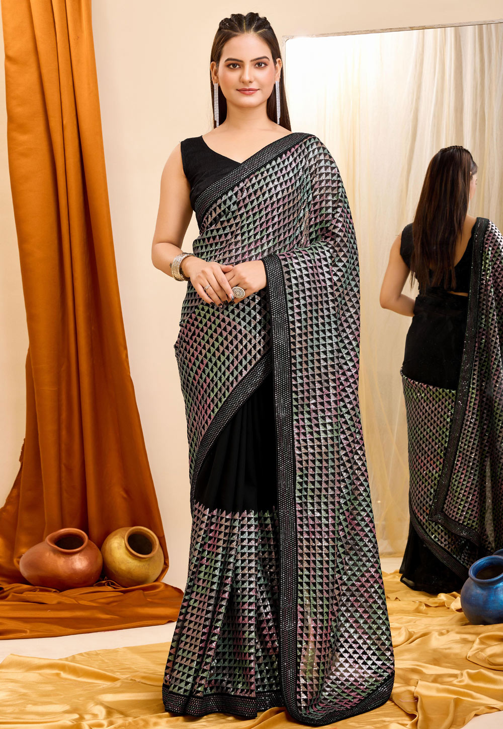 Black Georgette Sequence Saree 287528