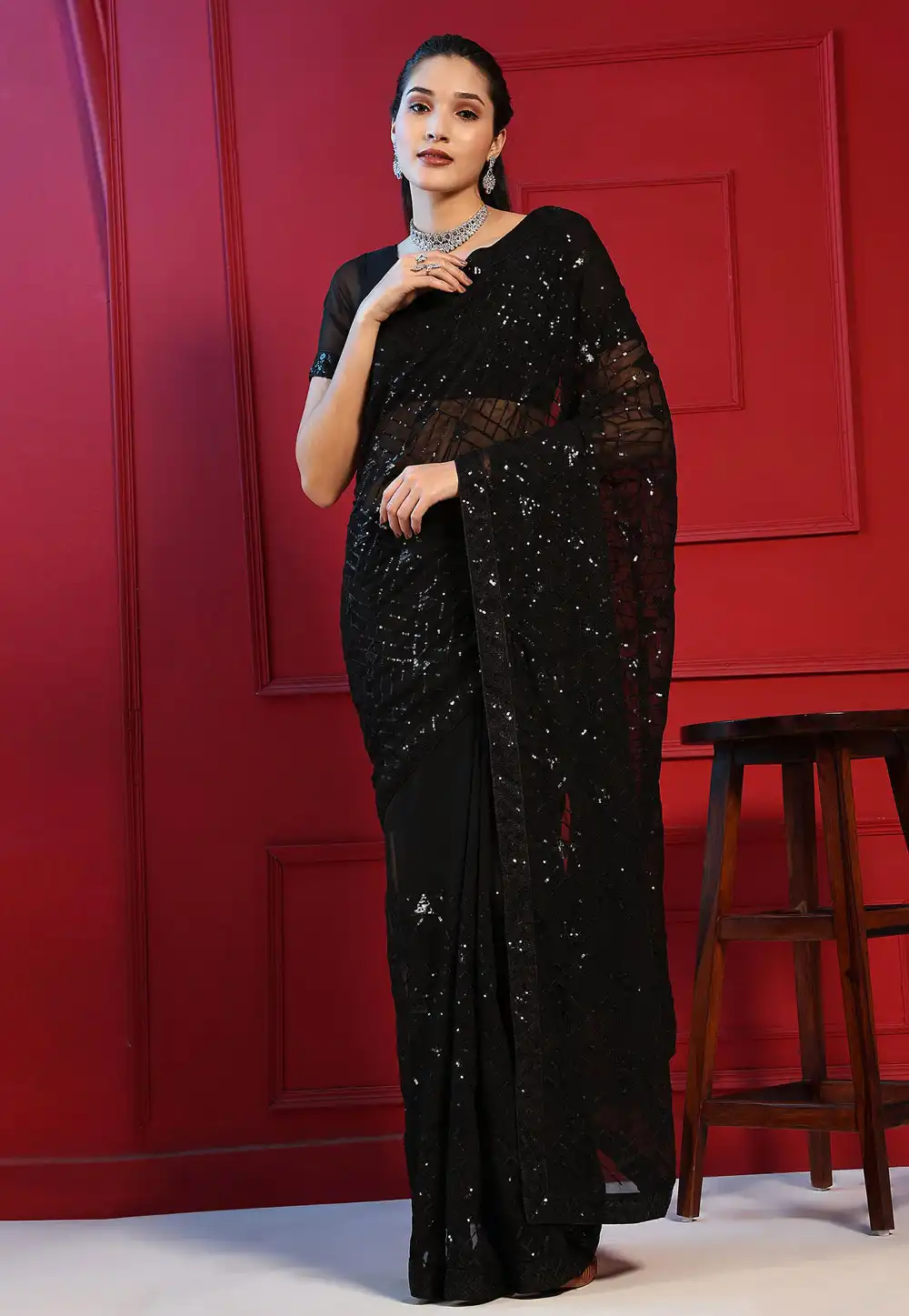 Black Georgette Sequence Saree 289338