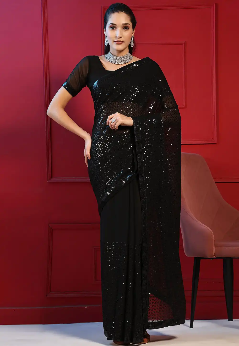 Black Georgette Sequence Saree 289340