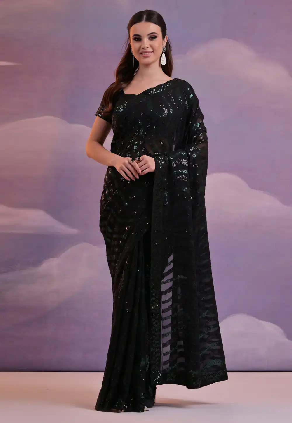 Black Georgette Sequence Saree 289382