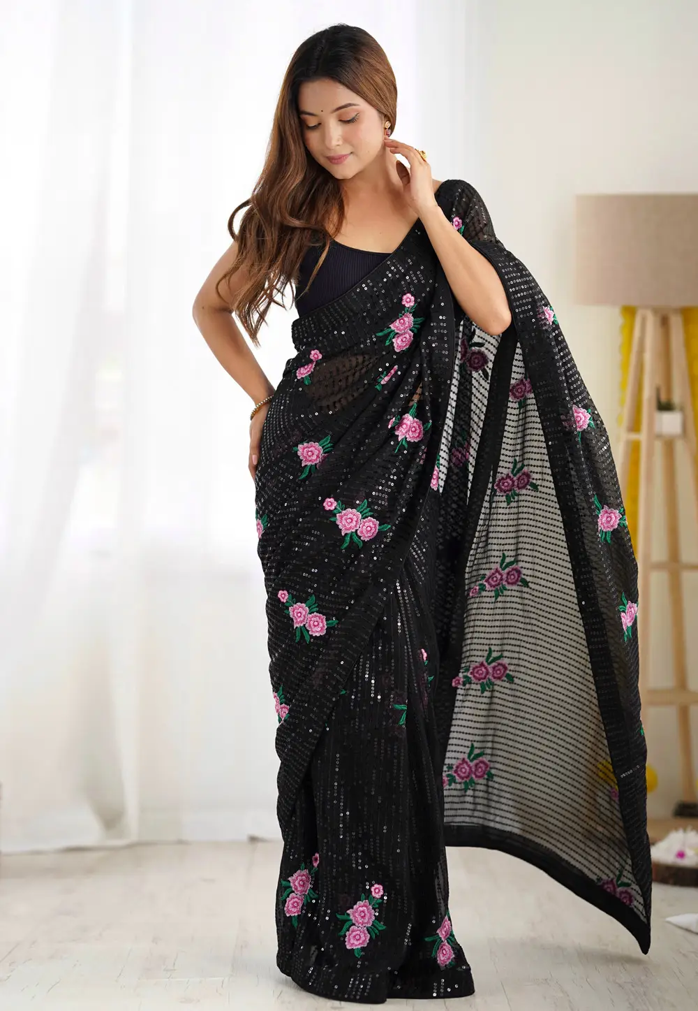 Black Georgette Sequence Saree 295660