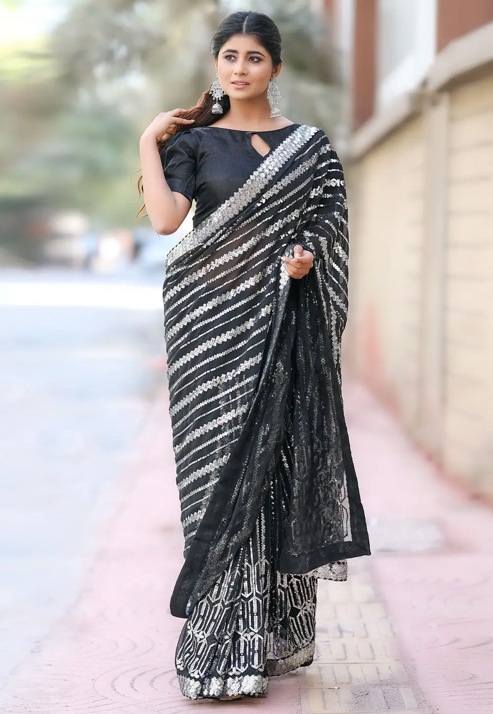 Black Georgette Sequence Saree 297195