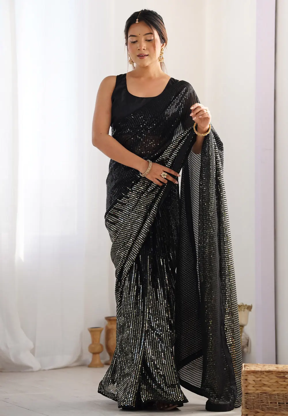 Black Georgette Sequence Saree 301221