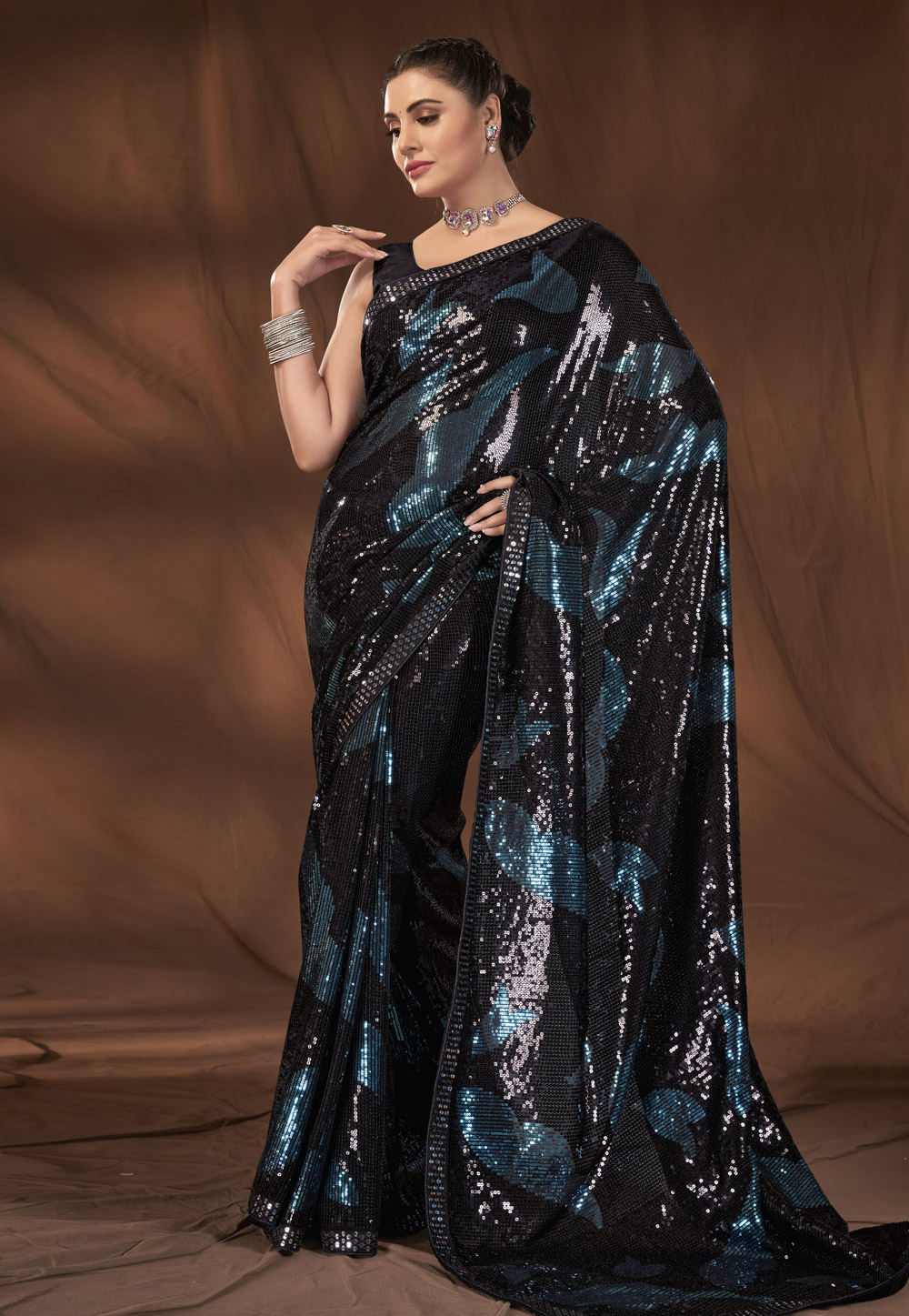 Black Georgette Sequence Saree 287815