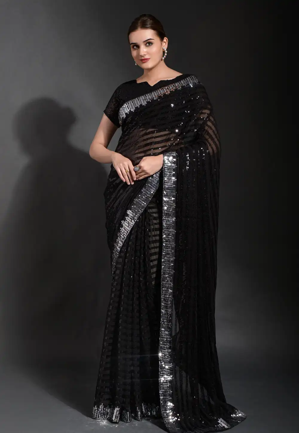 Black Georgette Sequence Saree 291456