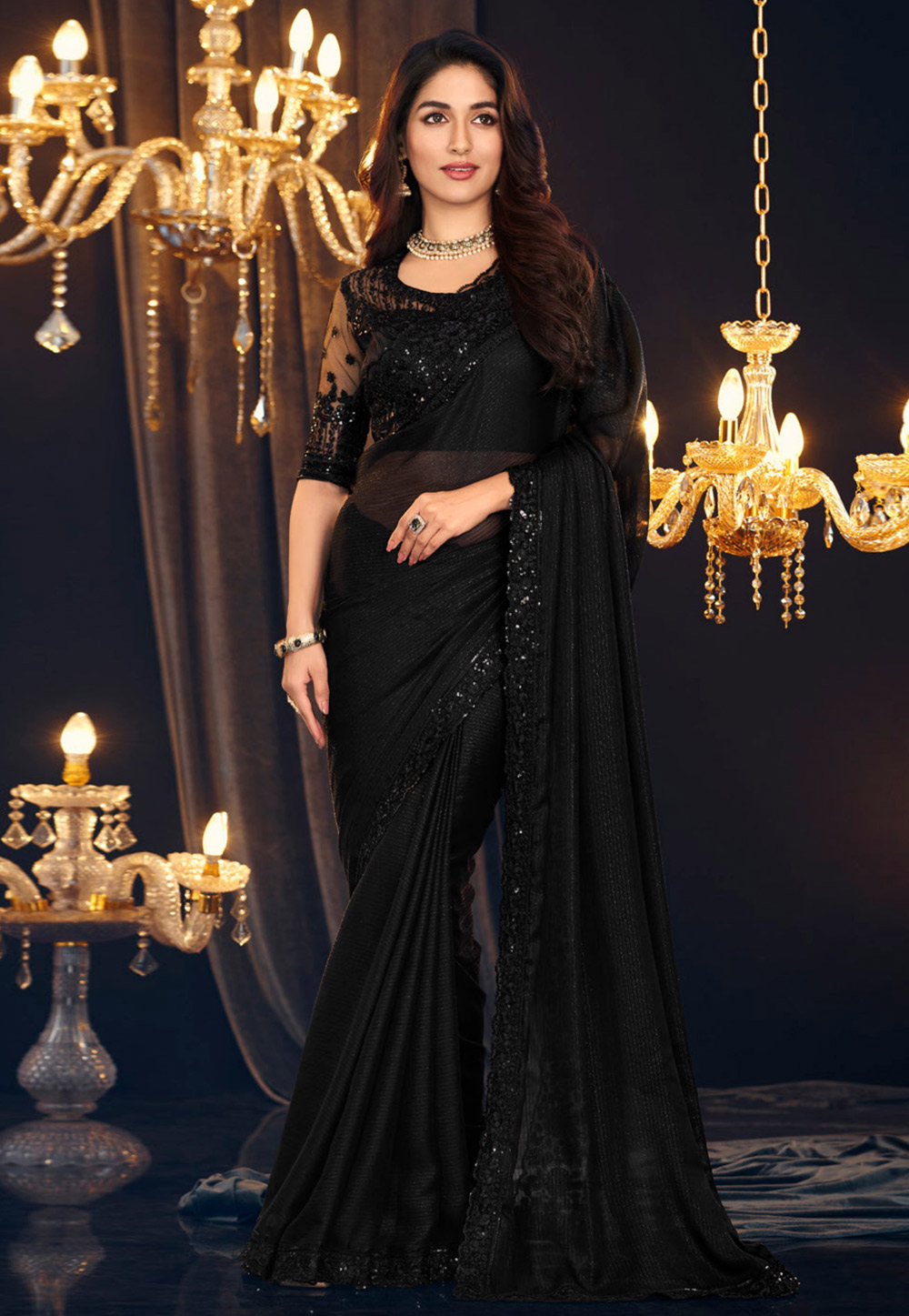 Black Georgette Shimmer Saree With Blouse 286508