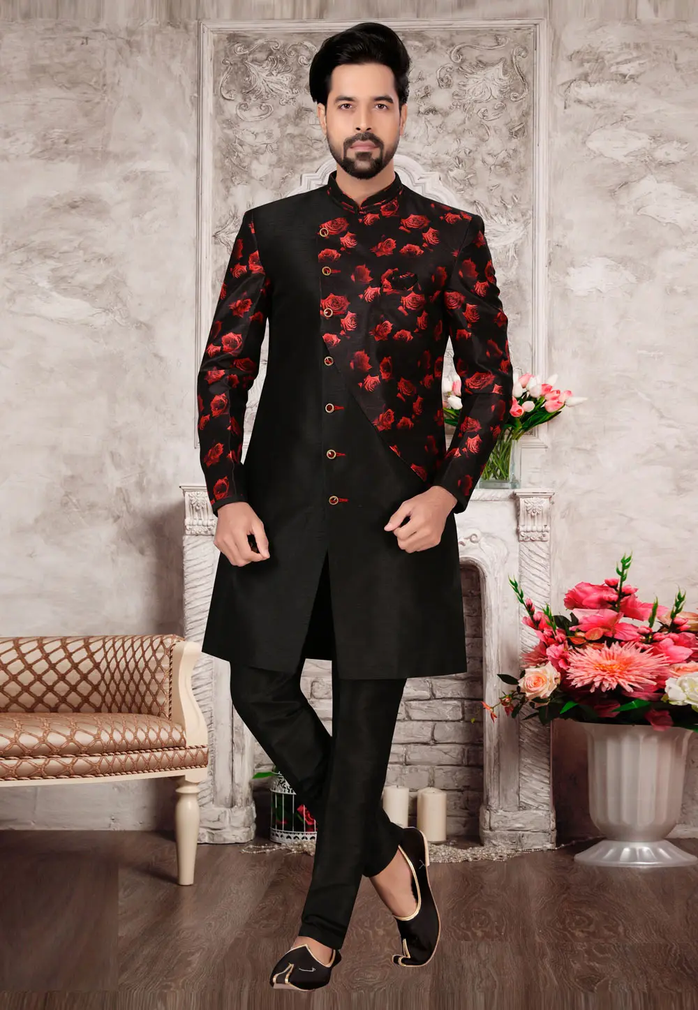 Black Jacquard Indo Western Sherwani 302970