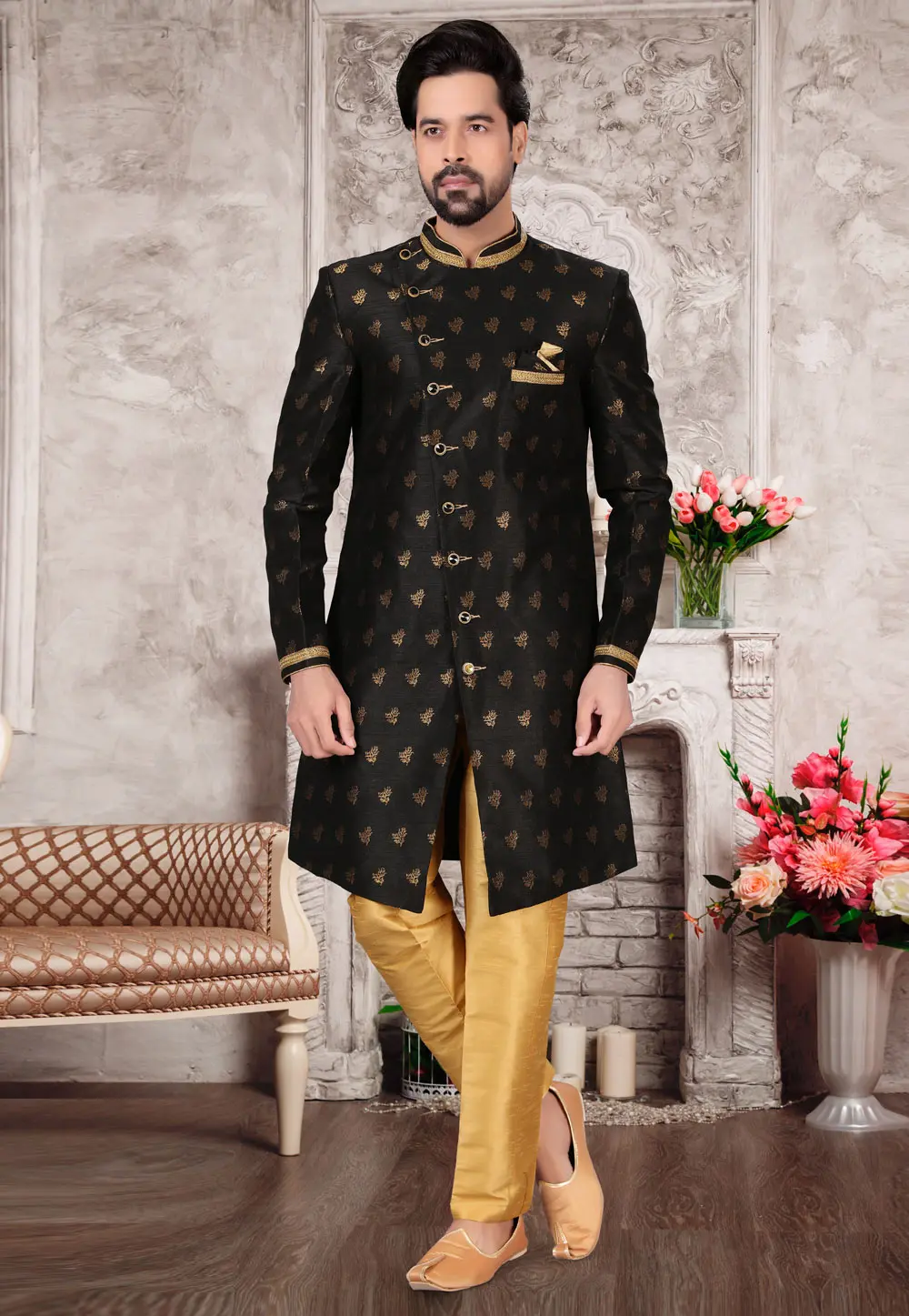 Black Jacquard Indo Western Suit 302966