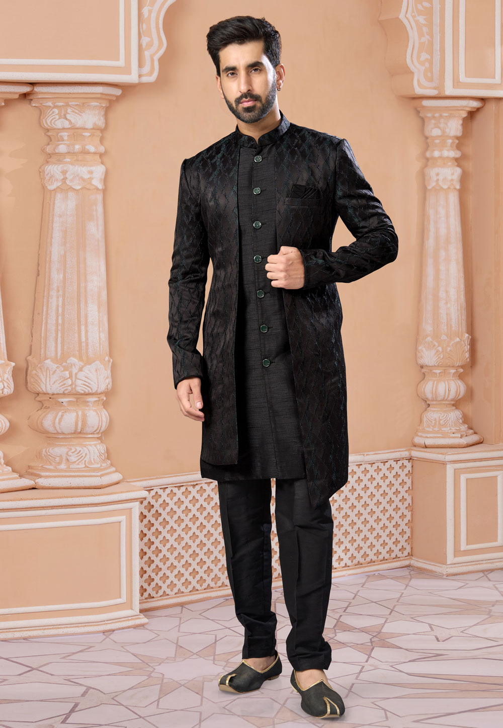 Black Jacquard Jacket Style Sherwani 282235