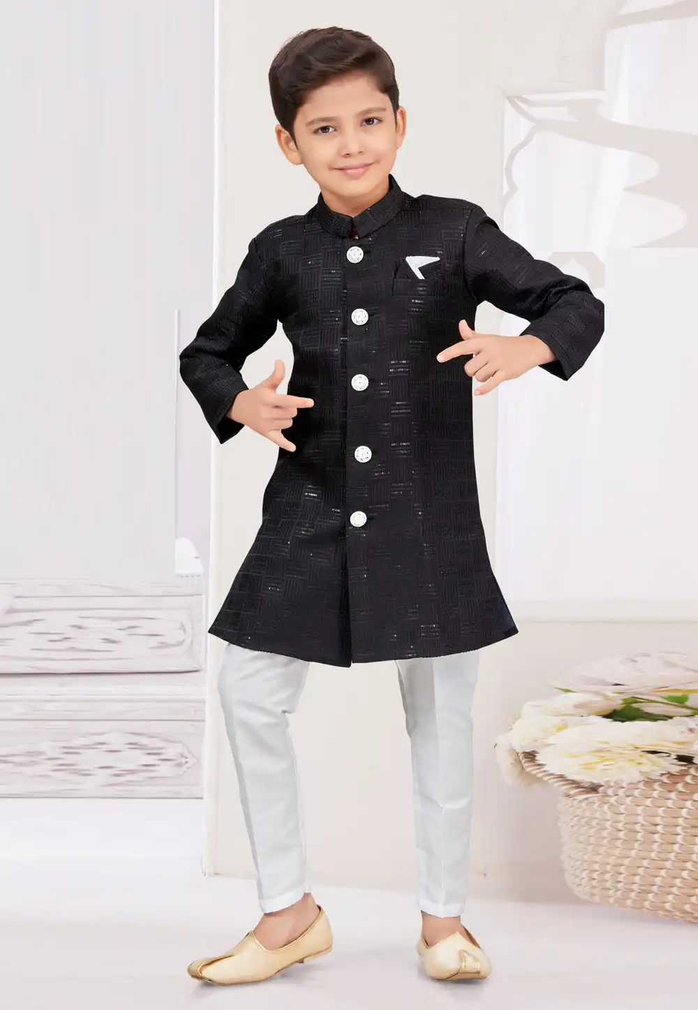 Black Jacquard Kids Indo Western Sherwani 294927