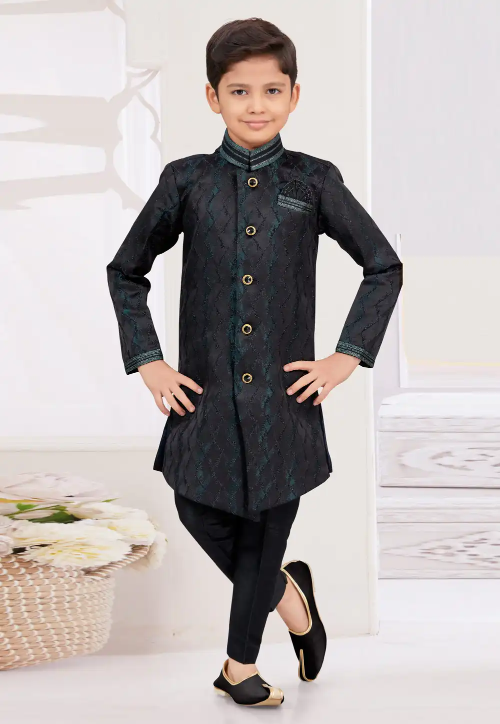 Black Jacquard Kids Indo Western Sherwani 294934