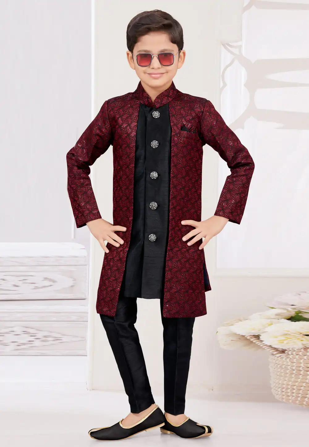 Black Jacquard Kids Indo Western Suit 294933